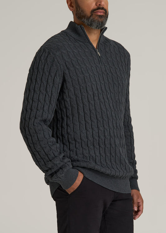 Cable Knit Half Zip Sweater for Tall Men in Charcoal Mix