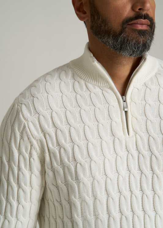 Cable Knit Half Zip Sweater for Tall Men in Ivory White