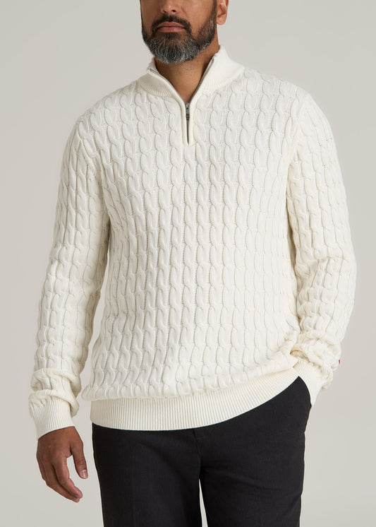 Cable Knit Half Zip Sweater for Tall Men in Ivory White