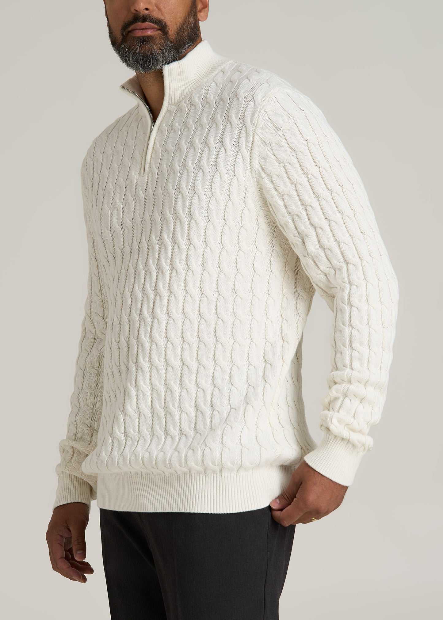 Cable Knit Half Zip Sweater for Tall Men in Ivory White