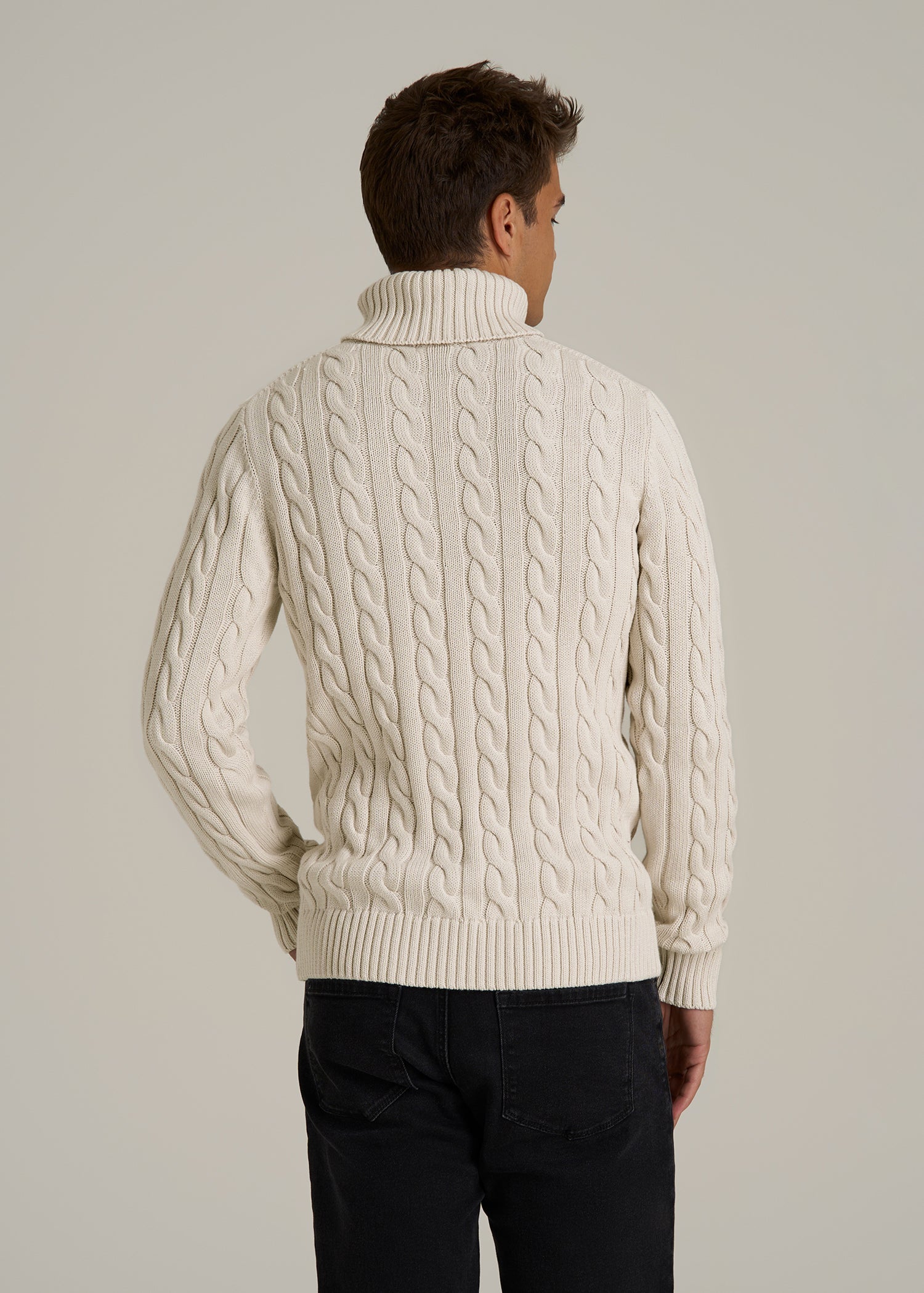 Cable Knit Turtleneck for Tall Men in Soft Beige