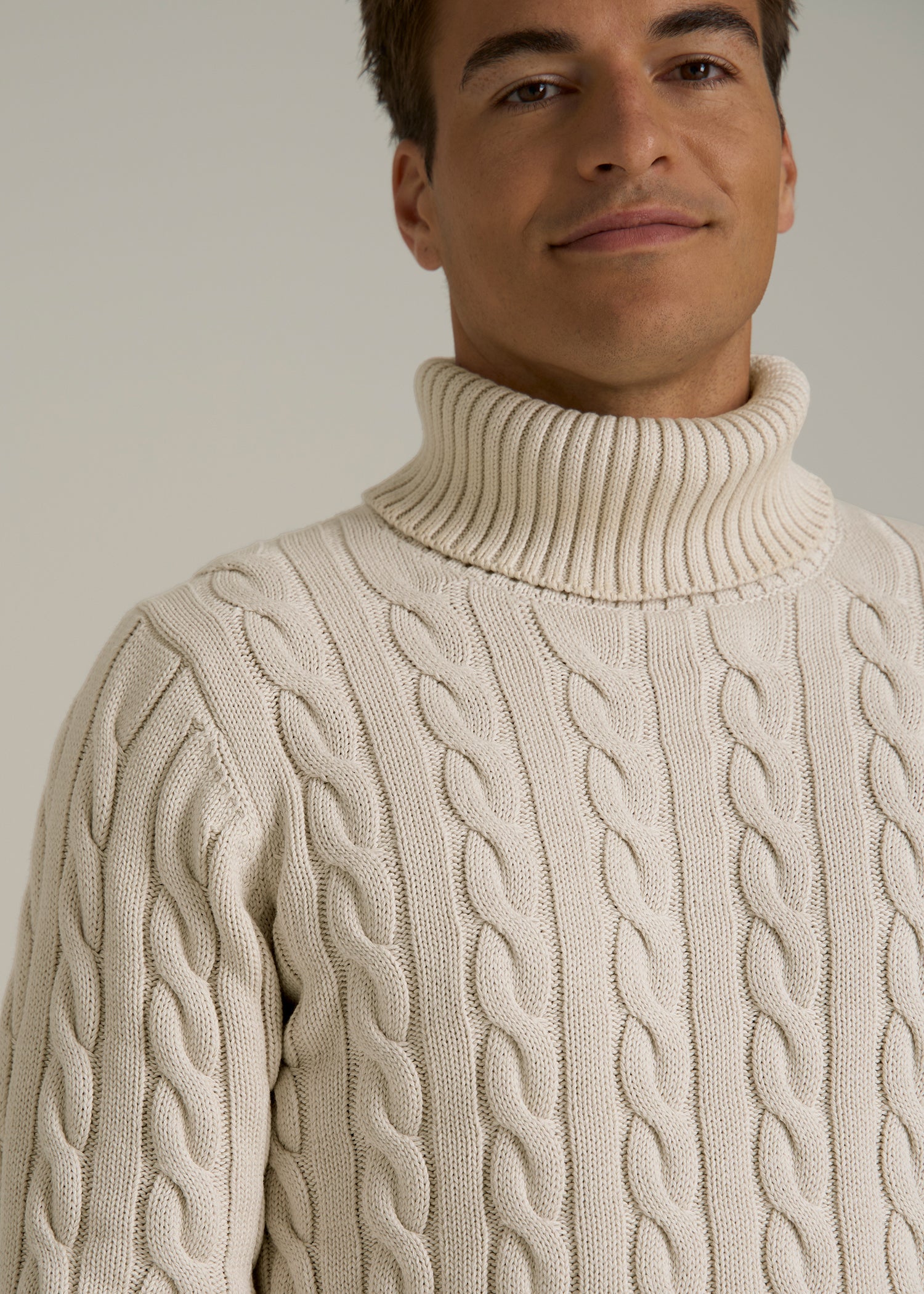 Cable Knit Turtleneck for Tall Men in Soft Beige