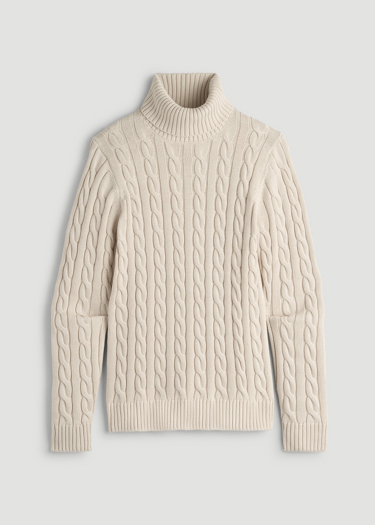 Cable Knit Turtleneck for Tall Men in Soft Beige