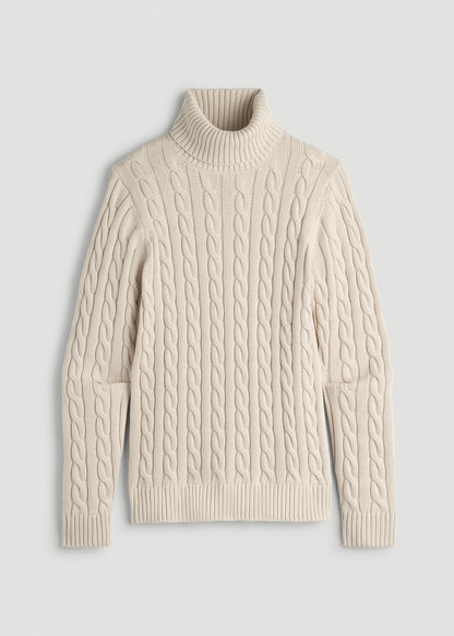 Cable Knit Turtleneck for Tall Men in Soft Beige