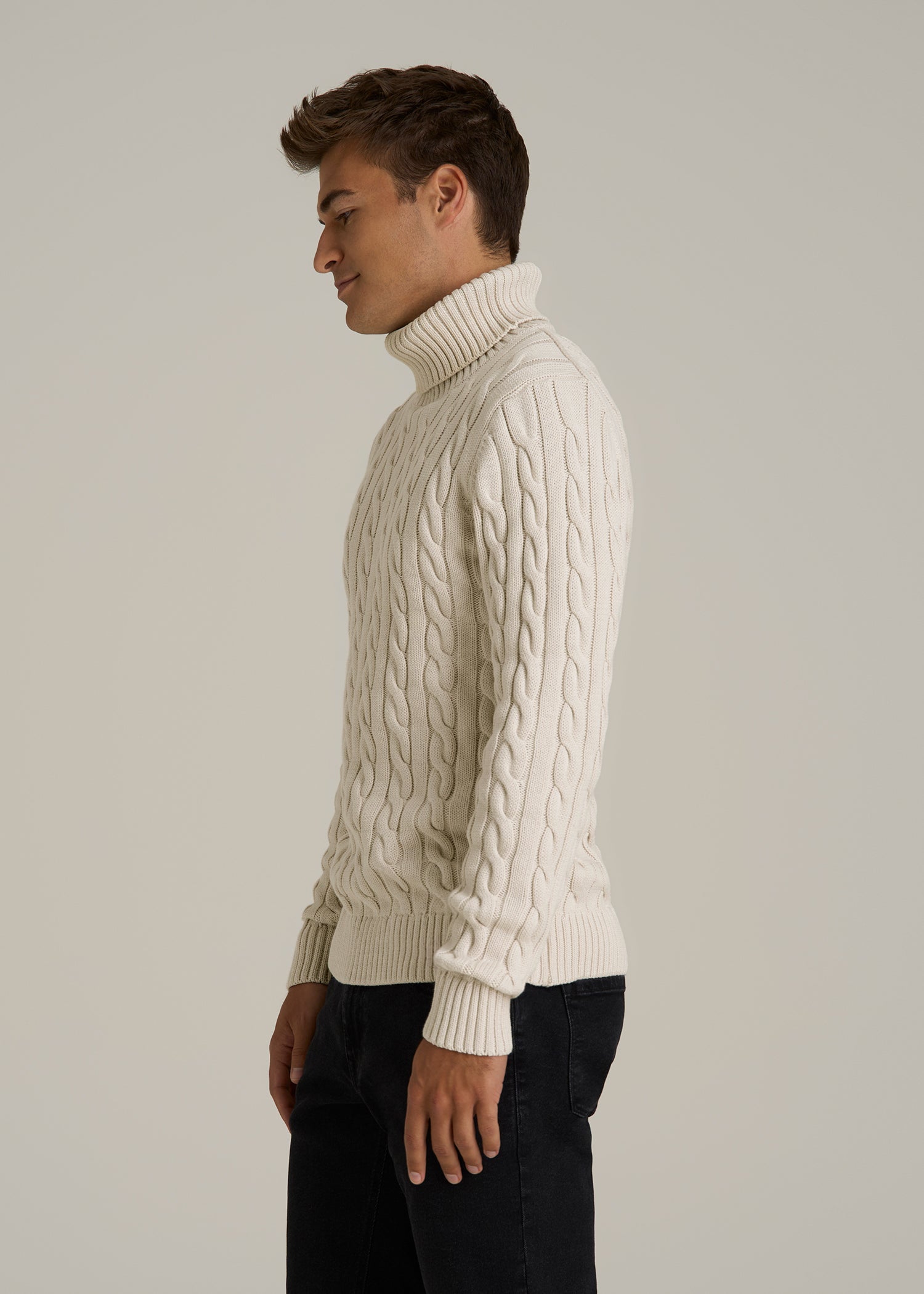 Cable Knit Turtleneck for Tall Men in Soft Beige