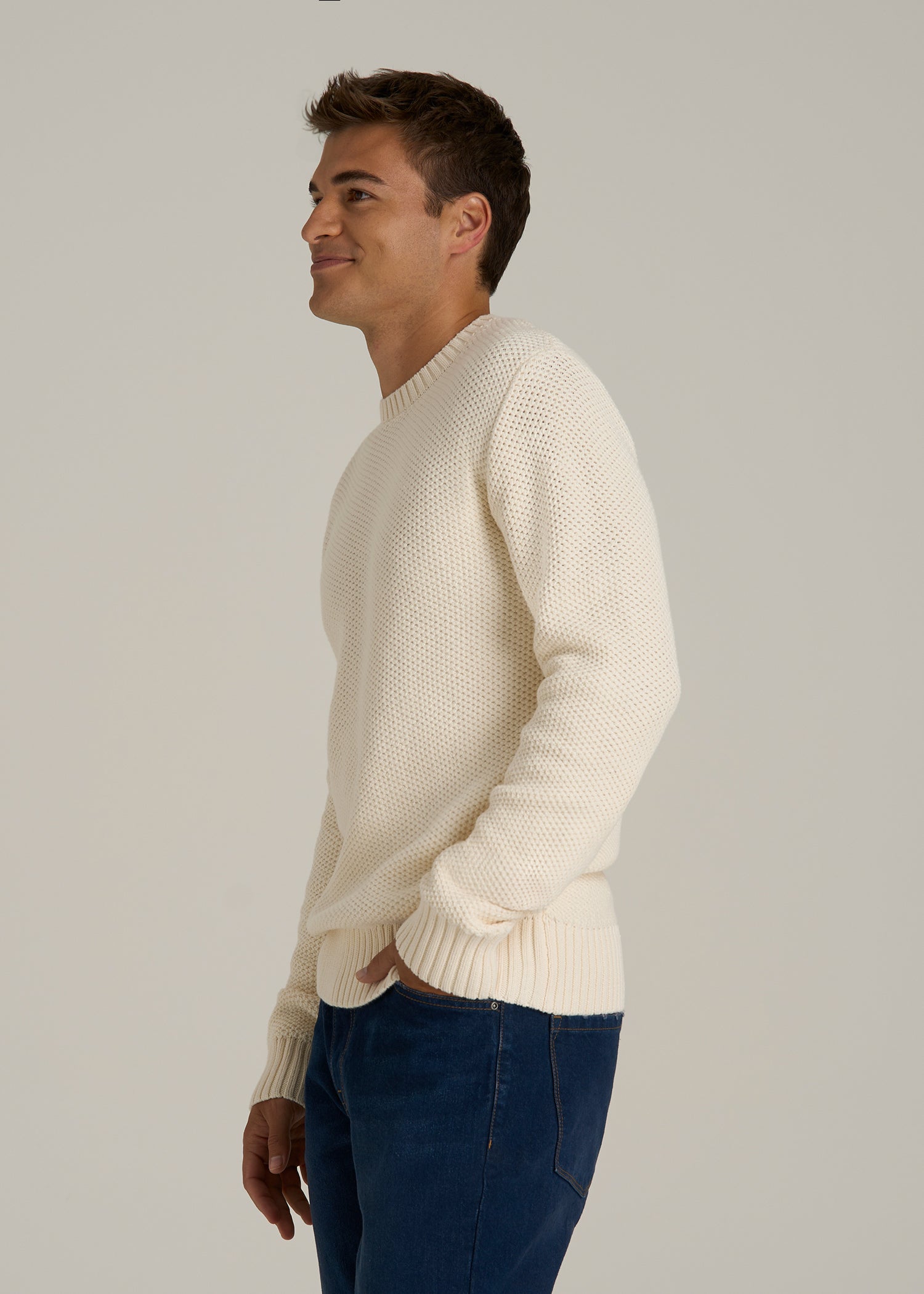 Chunky Knit Textured Crewneck Sweater for Tall Men in Natural