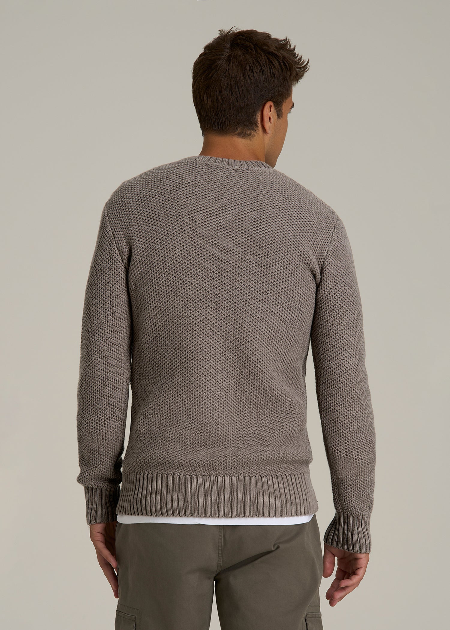 Chunky Knit Textured Crewneck Sweater for Tall Men in Portobello