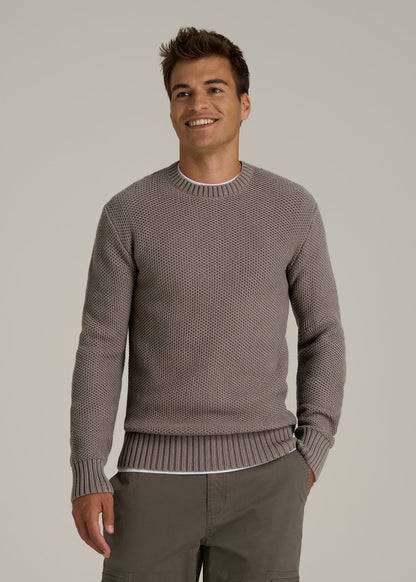 Chunky Knit Textured Crewneck Sweater for Tall Men in Portobello