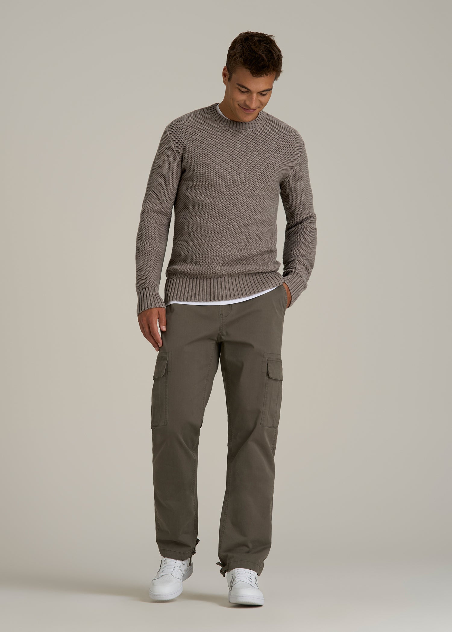 Chunky Knit Textured Crewneck Sweater for Tall Men in Portobello