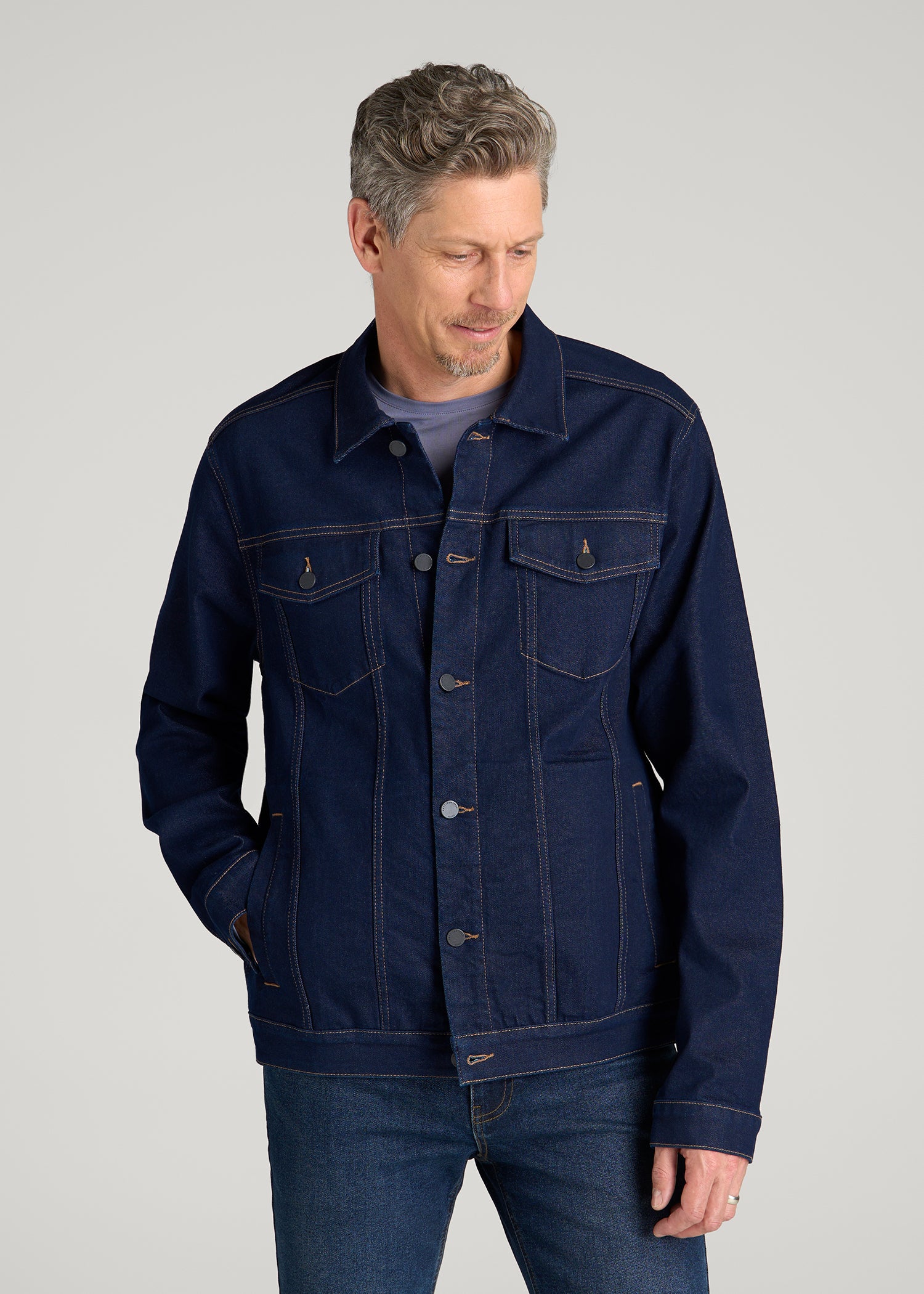Classic Denim Jacket for Tall Men in Deep Indigo Wash