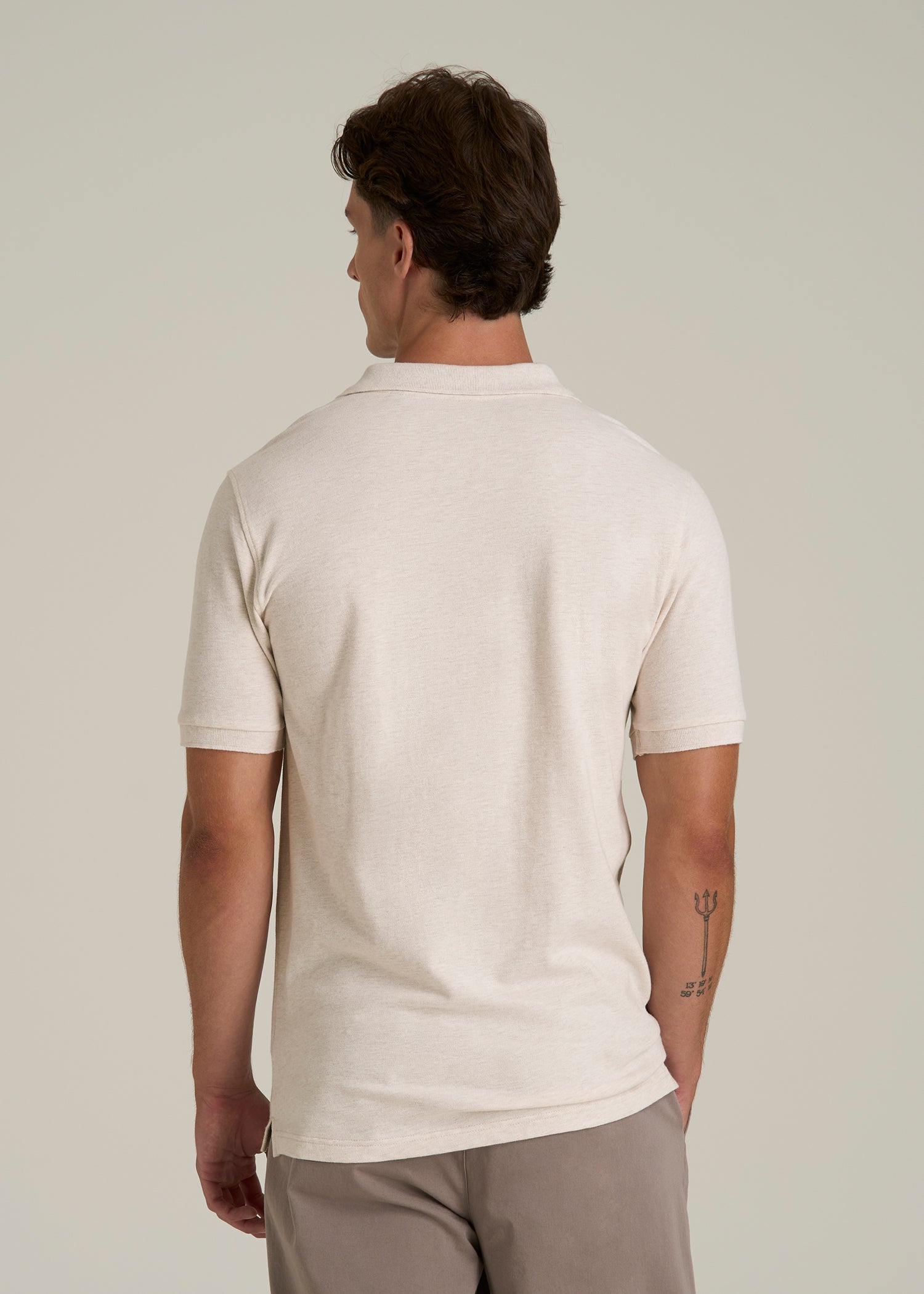 Classic Polo with Embroidered Logo for Tall Men in Heathered Oatmeal