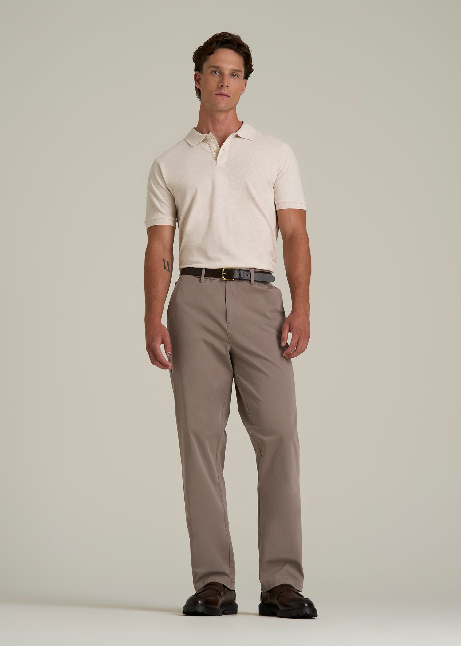 Classic Polo with Embroidered Logo for Tall Men in Heathered Oatmeal