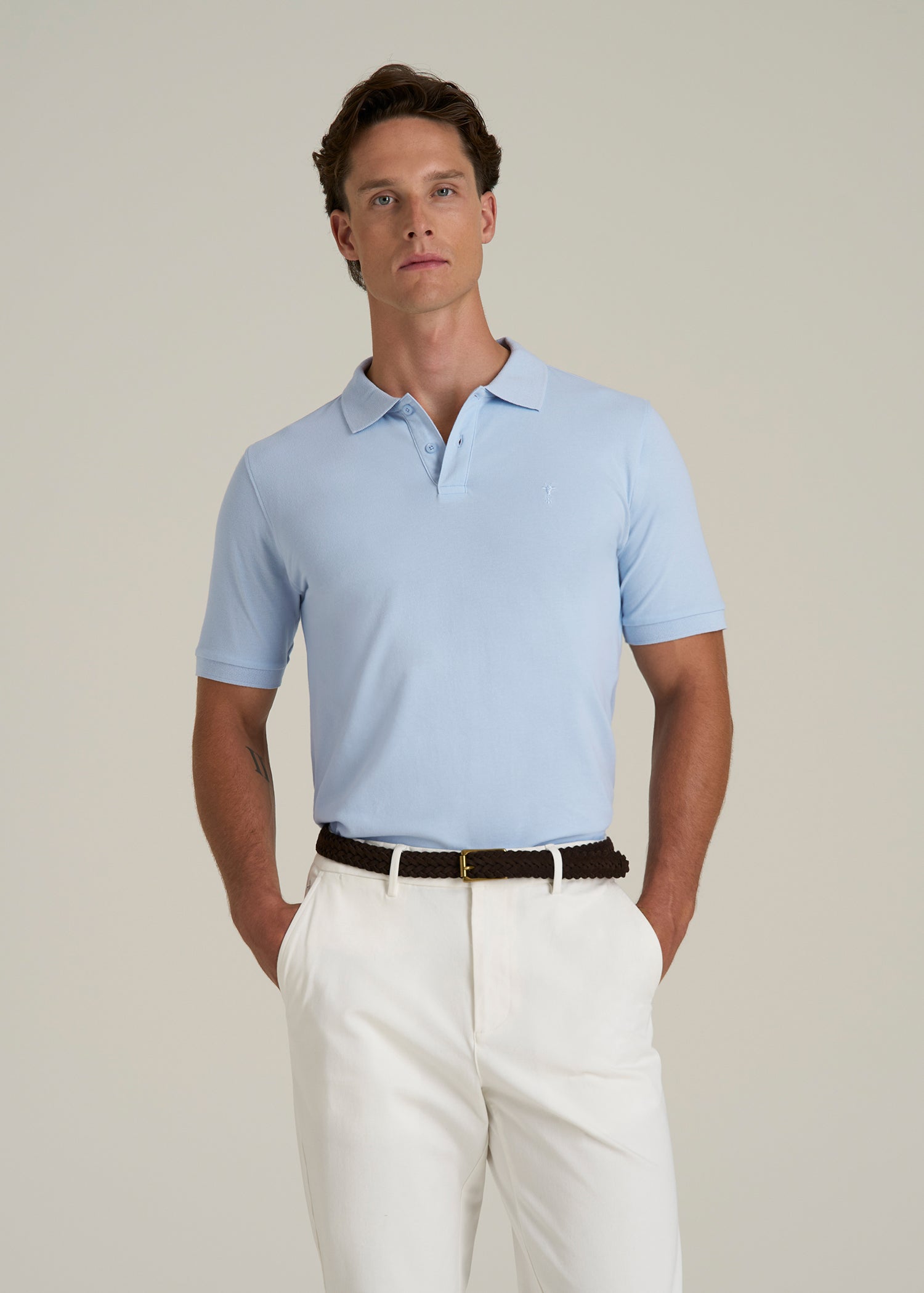 Classic Polo with Embroidered Logo for Tall Men in Ice Blue