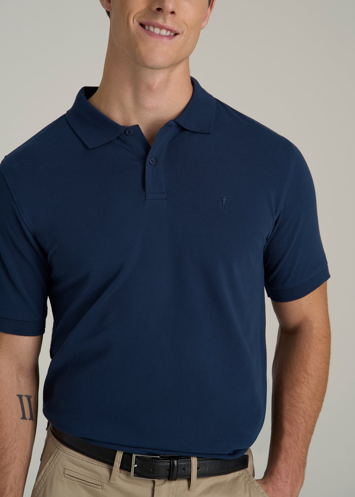 Classic Polo with Embroidered Logo for Tall Men in Marine Navy