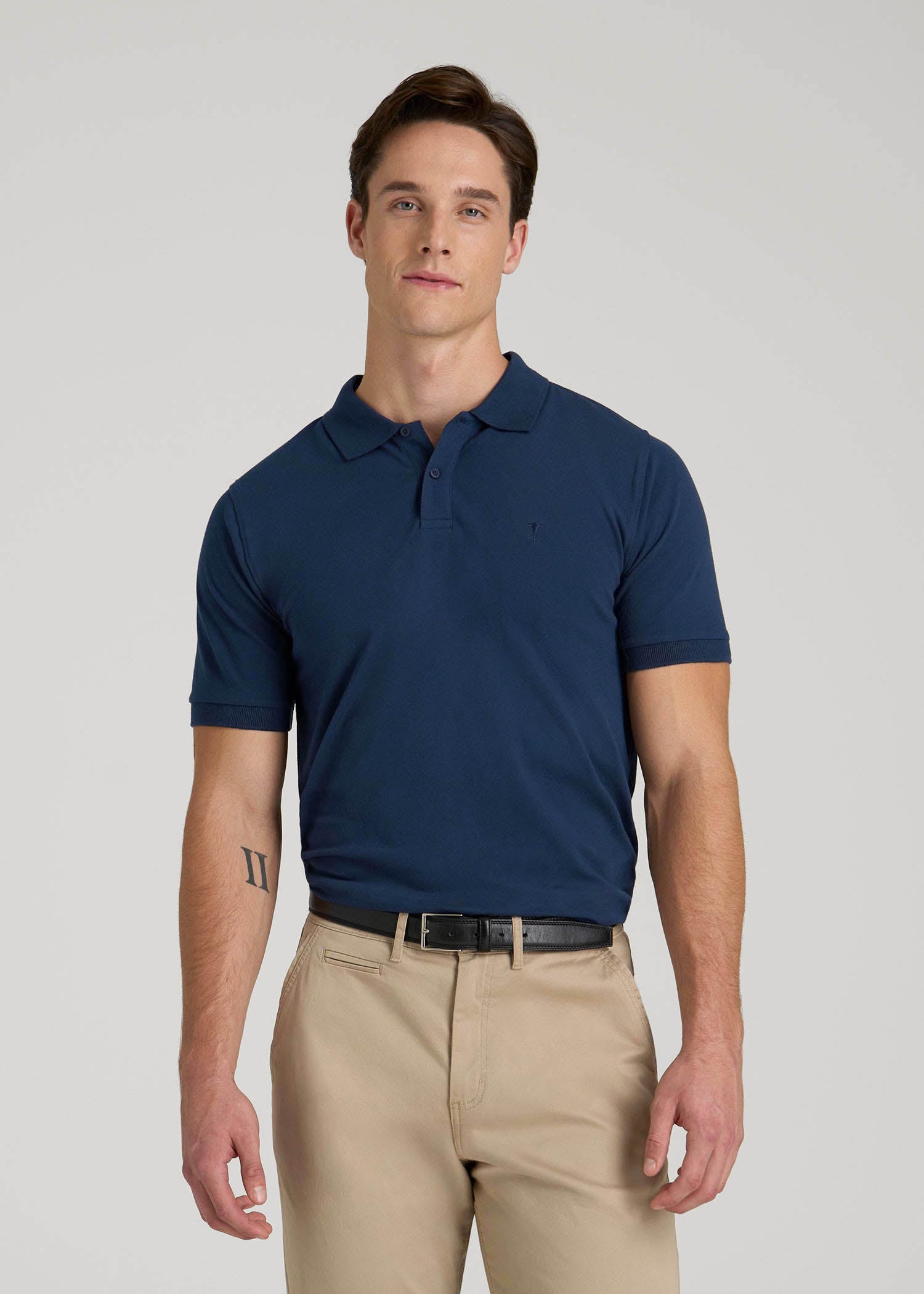 Classic Polo with Embroidered Logo for Tall Men in Marine Navy