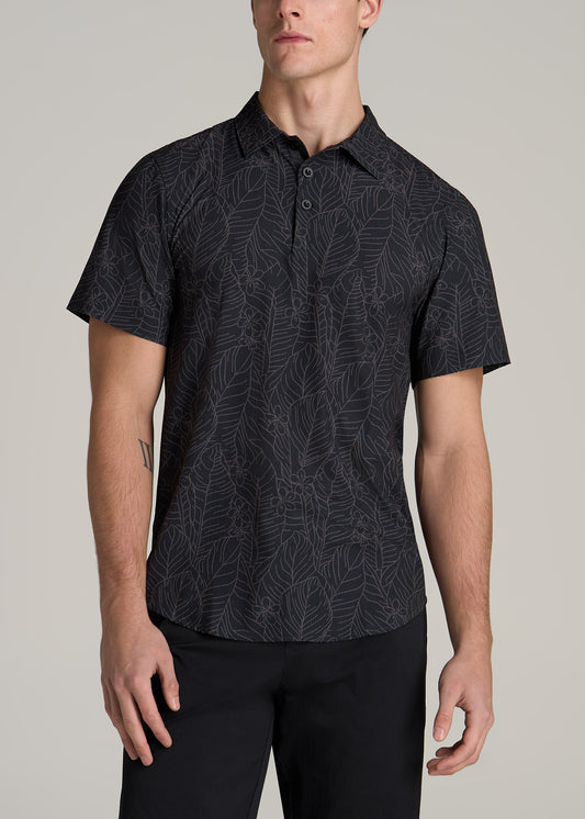 Coastal Perforated Tall Men's Polo Shirt in Black Tropical