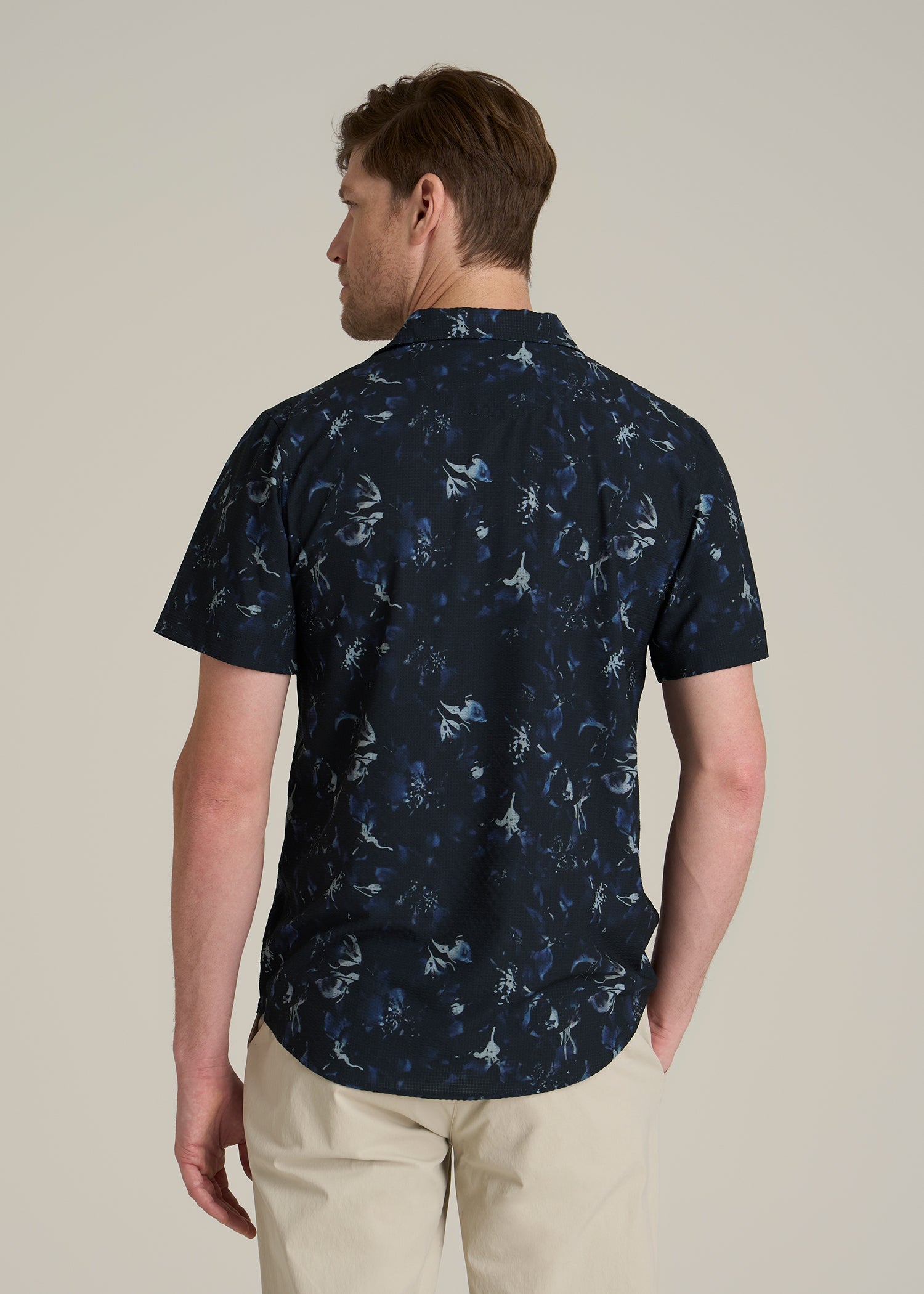 Coastal Perforated Polo Shirt for Tall Men in Black and Violet Floral