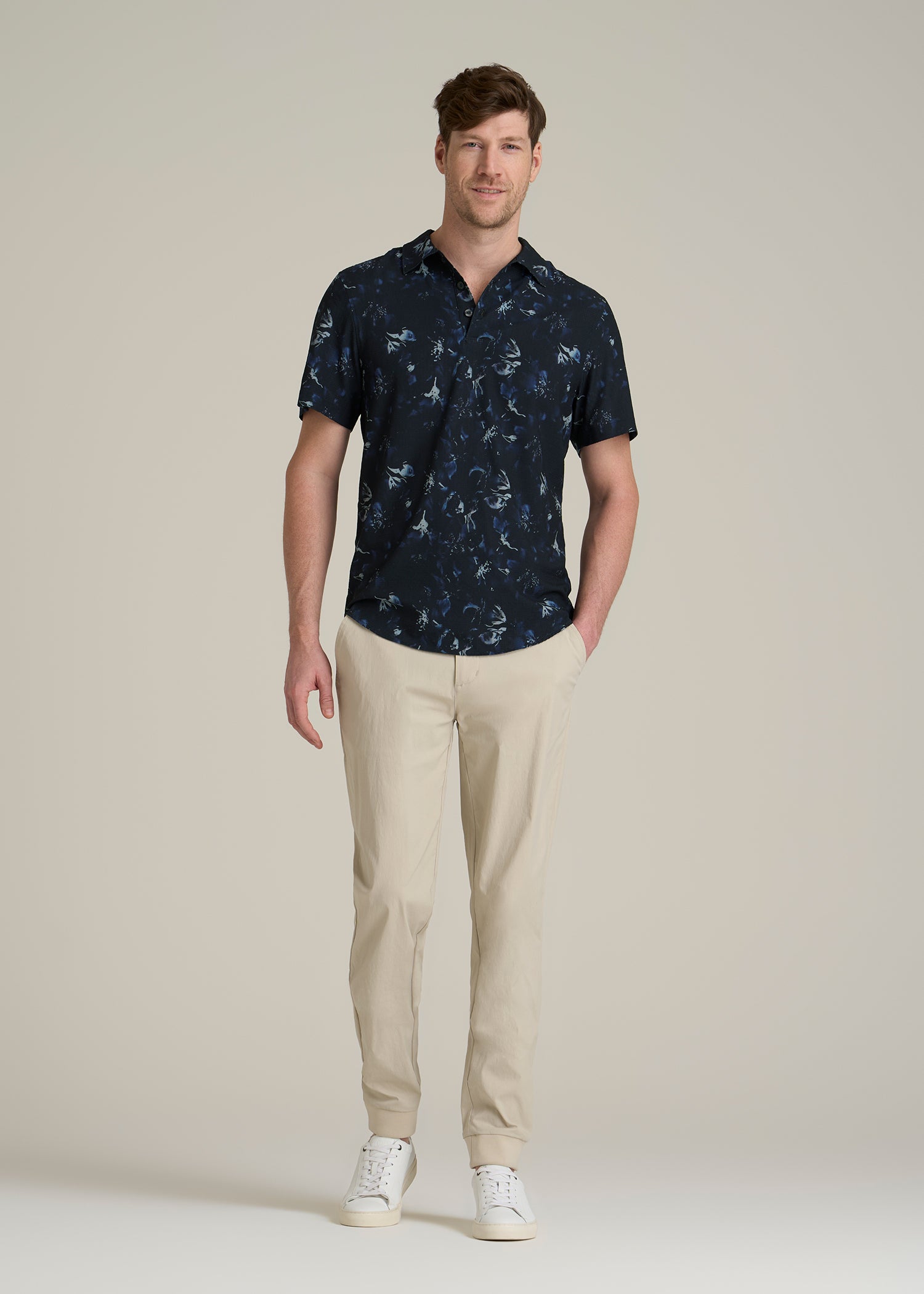 Coastal Perforated Polo Shirt for Tall Men in Black and Violet Floral