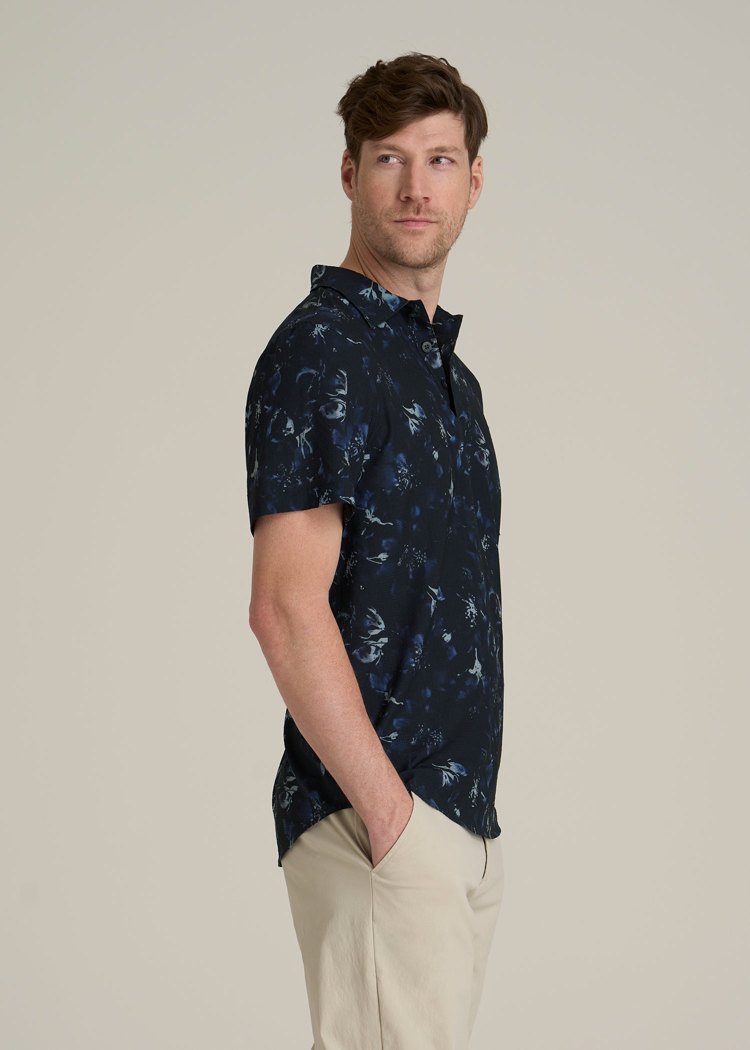 Coastal Perforated Polo Shirt for Tall Men in Black and Violet Floral