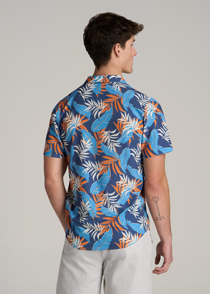 Coastal Perforated Polo Shirt for Tall Men in Blue and Orange Palms
