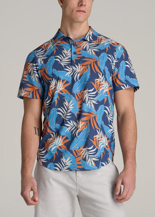 Coastal Perforated Tall Men's Polo Shirt in Blue and Orange Palms