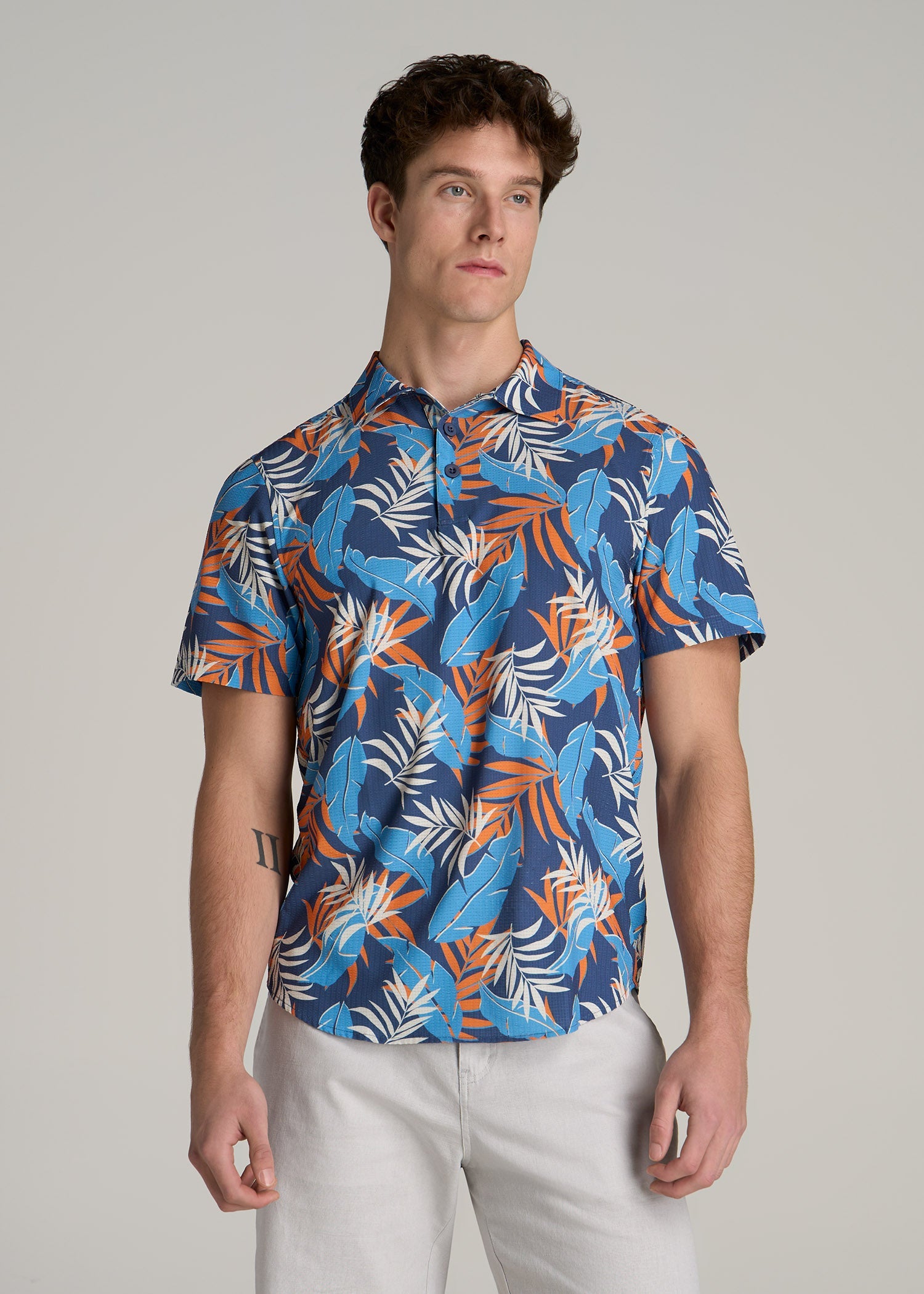 Coastal Perforated Polo Shirt for Tall Men in Blue and Orange Palms