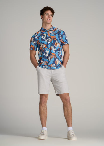 Coastal Perforated Polo Shirt for Tall Men in Blue and Orange Palms