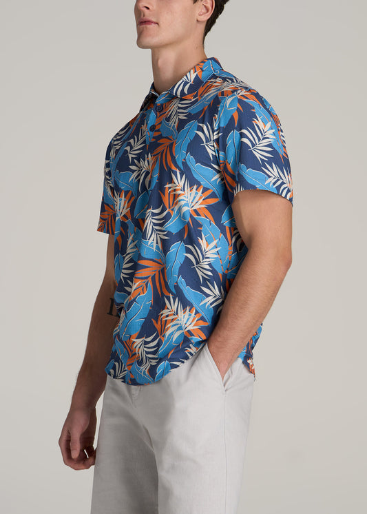 Coastal Perforated Tall Men's Polo Shirt in Blue and Orange Palms