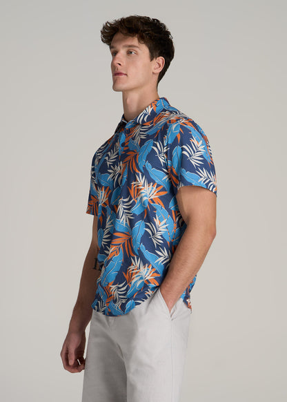 Coastal Perforated Polo Shirt for Tall Men in Blue and Orange Palms