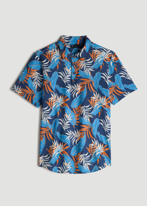 Coastal Perforated Polo Shirt for Tall Men in Blue and Orange Palms