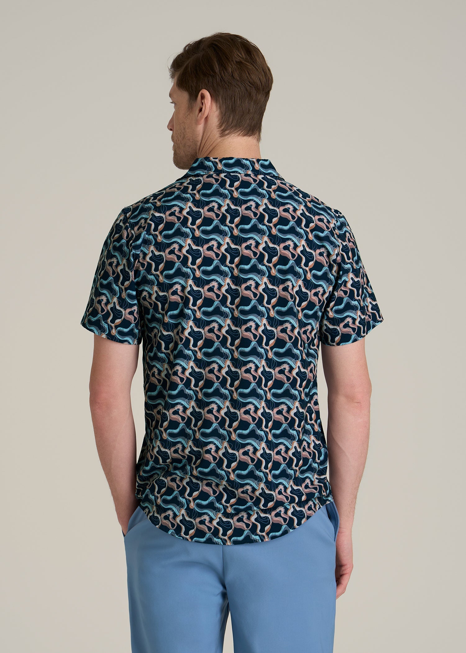 Coastal Perforated Polo Shirt for Tall Men in Blue and Rose Abstract