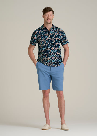 Coastal Perforated Polo Shirt for Tall Men in Blue and Rose Abstract