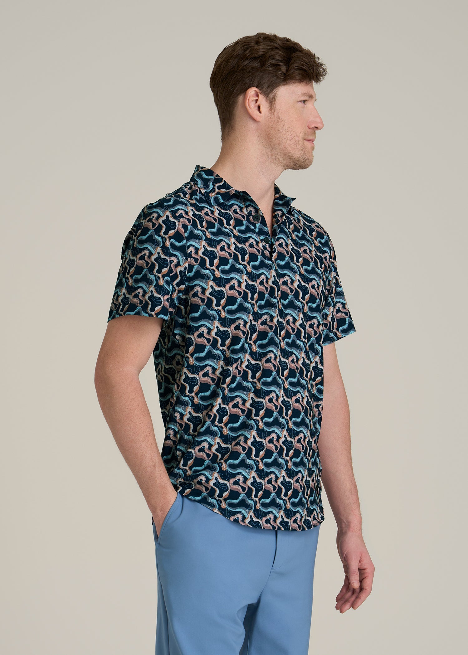 Coastal Perforated Polo Shirt for Tall Men in Blue and Rose Abstract