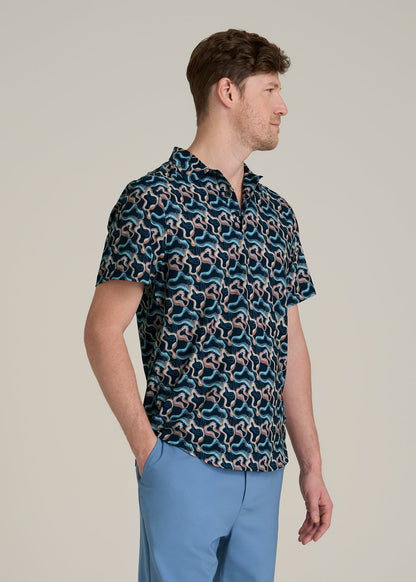 Coastal Perforated Polo Shirt for Tall Men in Blue and Rose Abstract