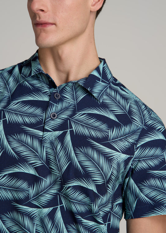 Coastal Perforated Tall Men's Polo Shirt in Navy and Aqua Palms