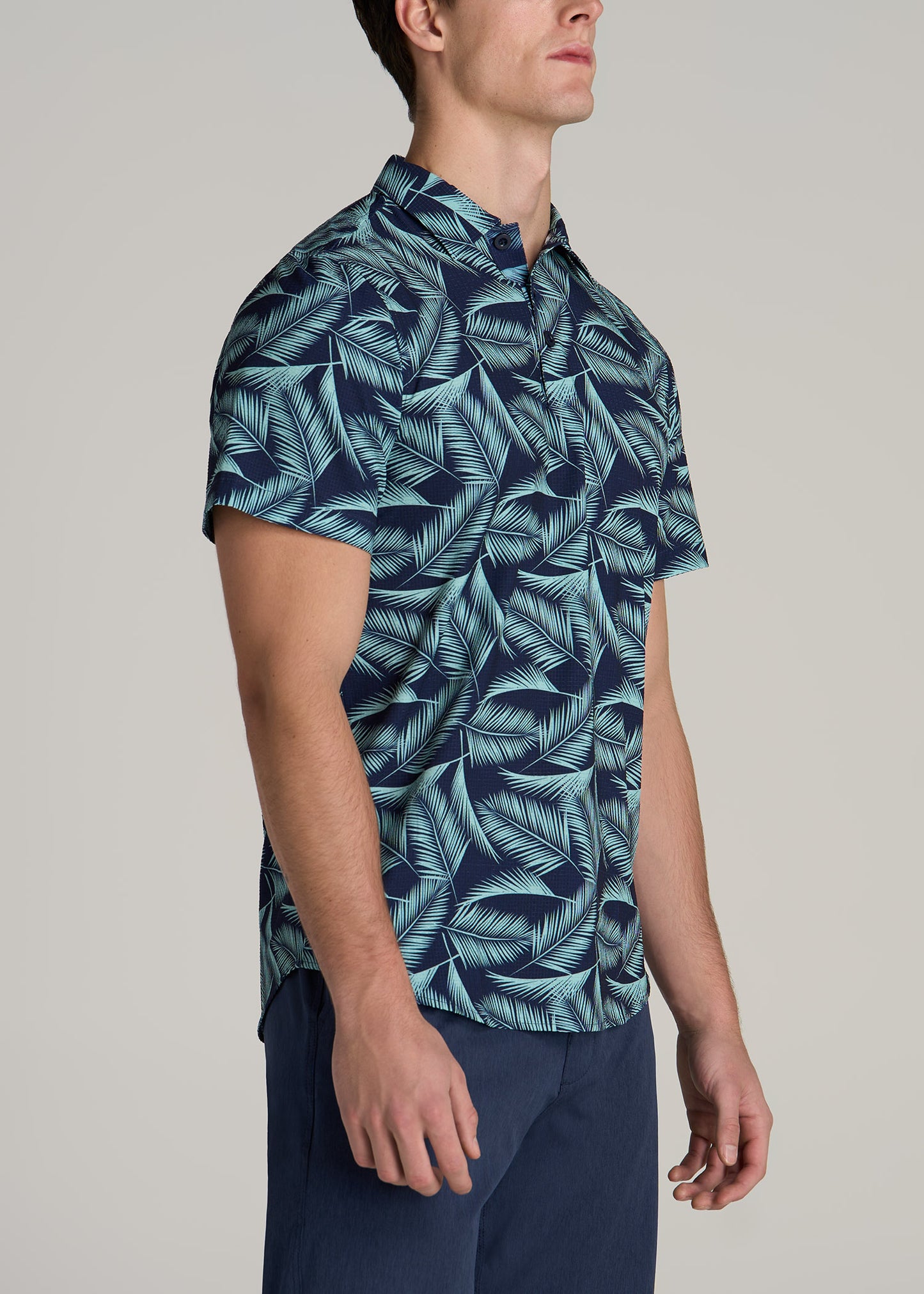 Coastal Perforated Tall Men's Polo Shirt in Navy and Aqua Palms