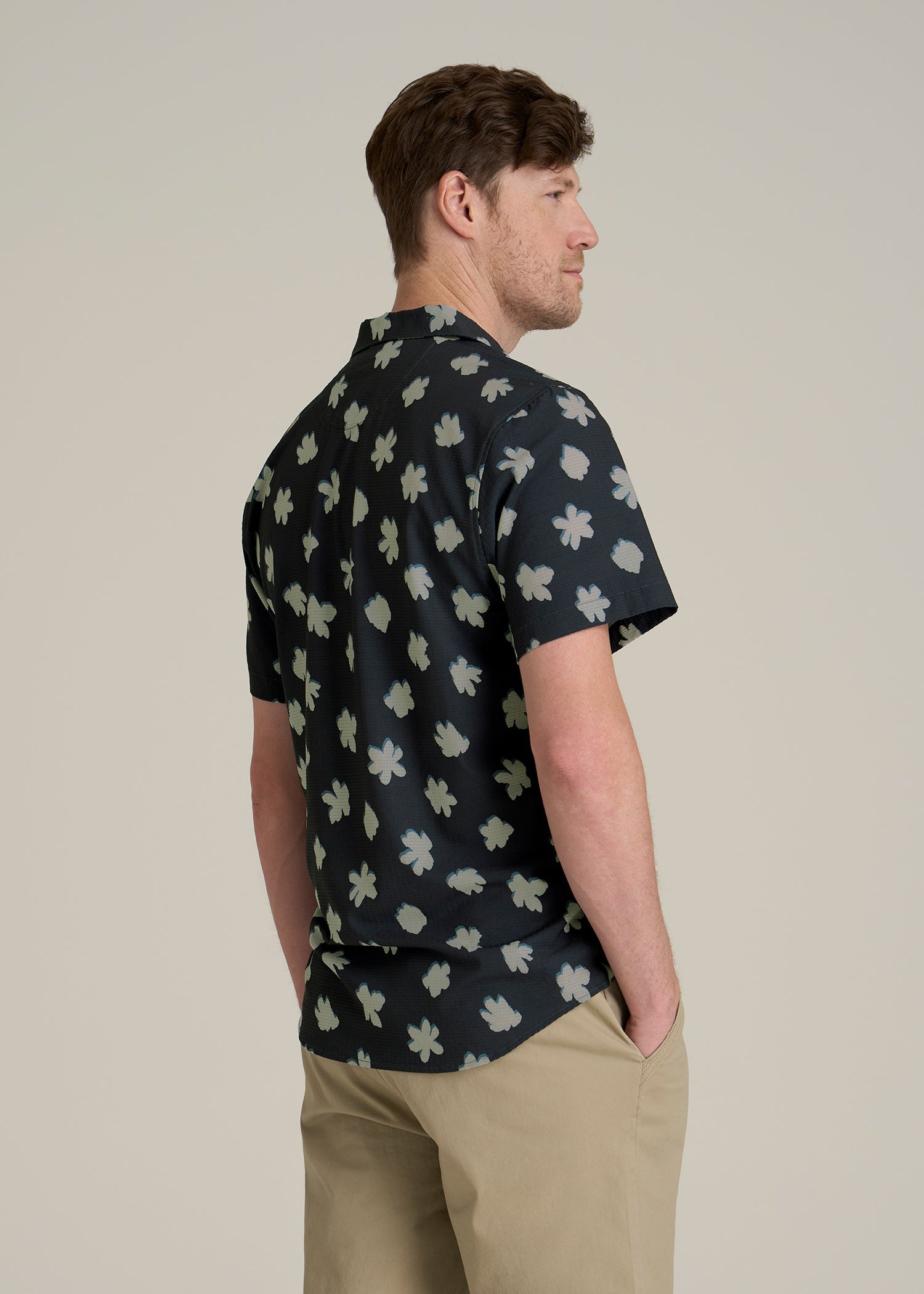 Coastal Perforated Polo Shirt for Tall Men in Navy and Bone Floral
