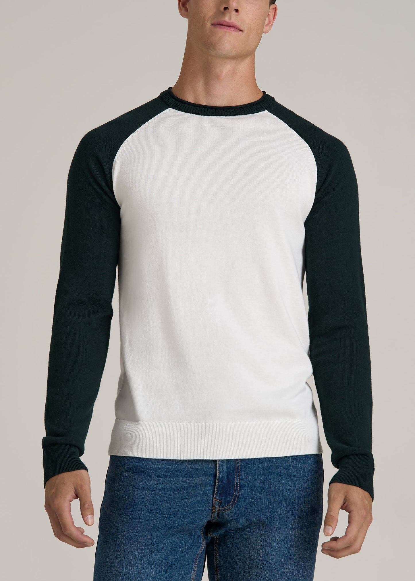 Color Block Raglan Sweater for Tall Men in Cream and Emerald