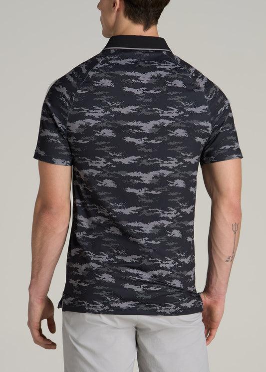 Contrast Collar A.T. Performance Print Golf Tall Men's Polo Shirt in Black and Grey Camo