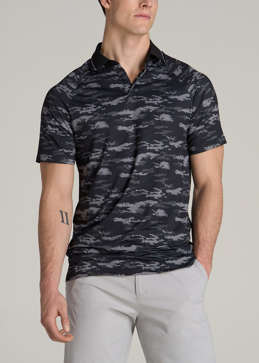 Contrast Collar A.T. Performance Print Golf Tall Men's Polo Shirt in Black and Grey Camo