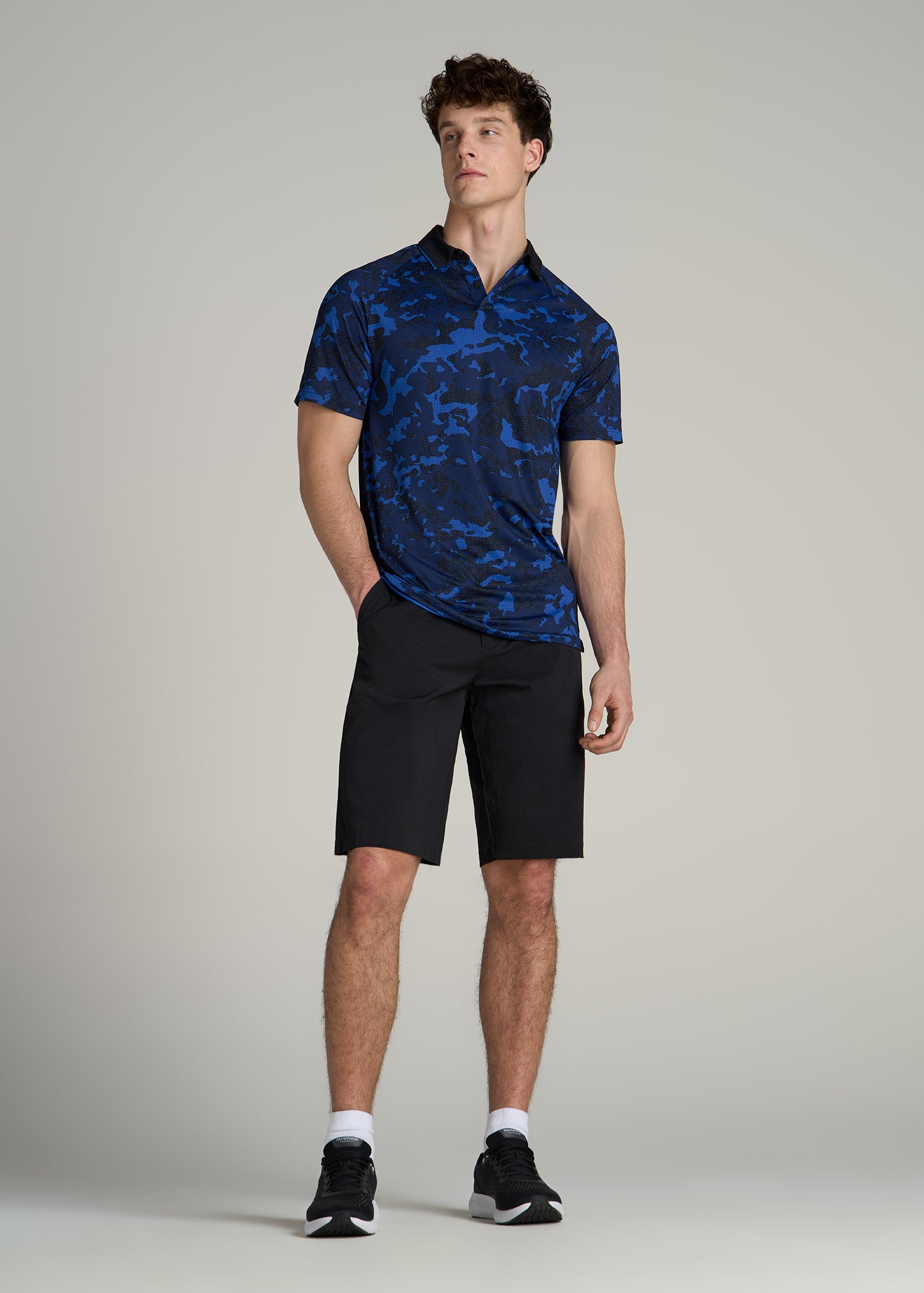 A.T. Performance Contrast Collar Golf Polo Shirt for Tall Men in Blue and Black Camo