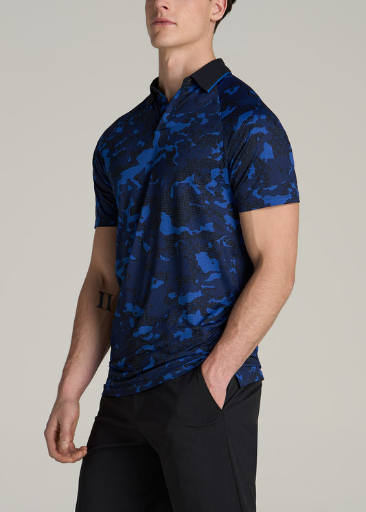 Contrast Collar A.T. Performance Print Golf Tall Men's Polo Shirt in Blue and Black Camo