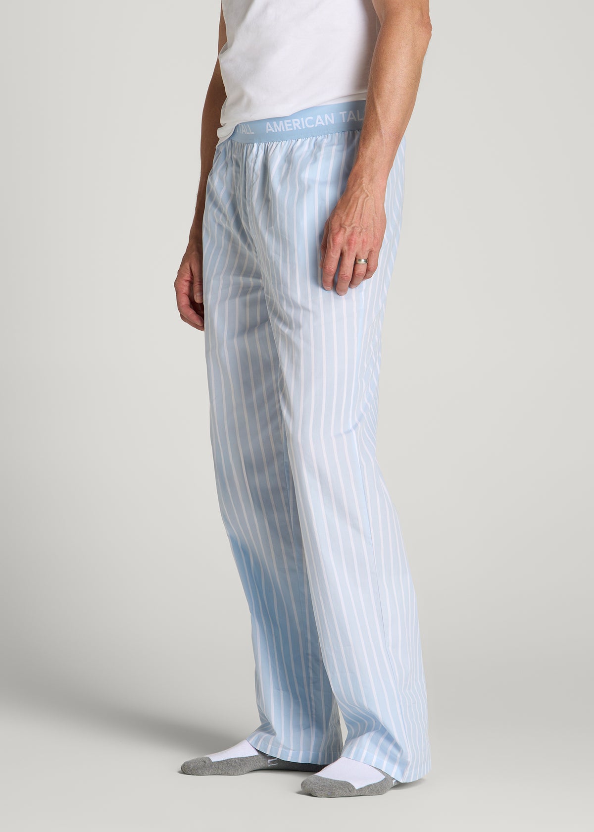 Cotton Poplin Pajama Pants for Tall Men in Blue Stripe
