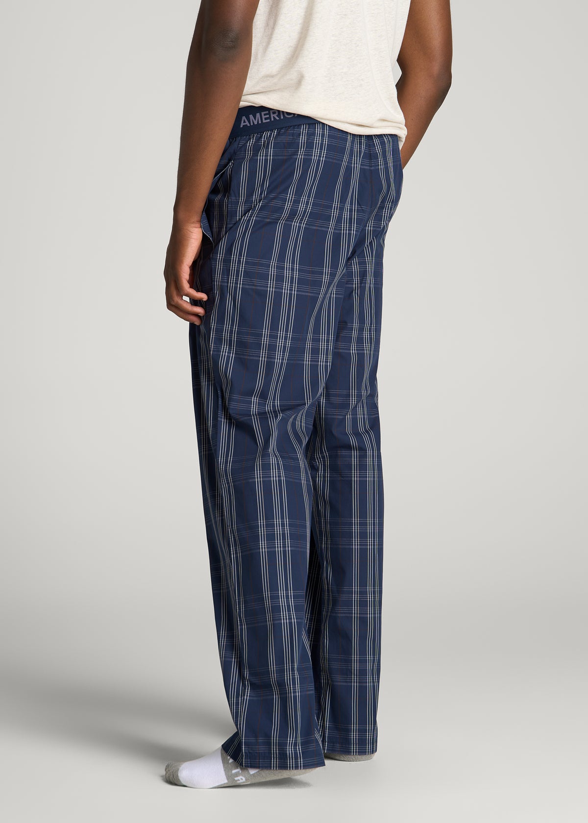 Cotton Poplin Pajama Pants for Tall Men in Navy and Blue Plaid