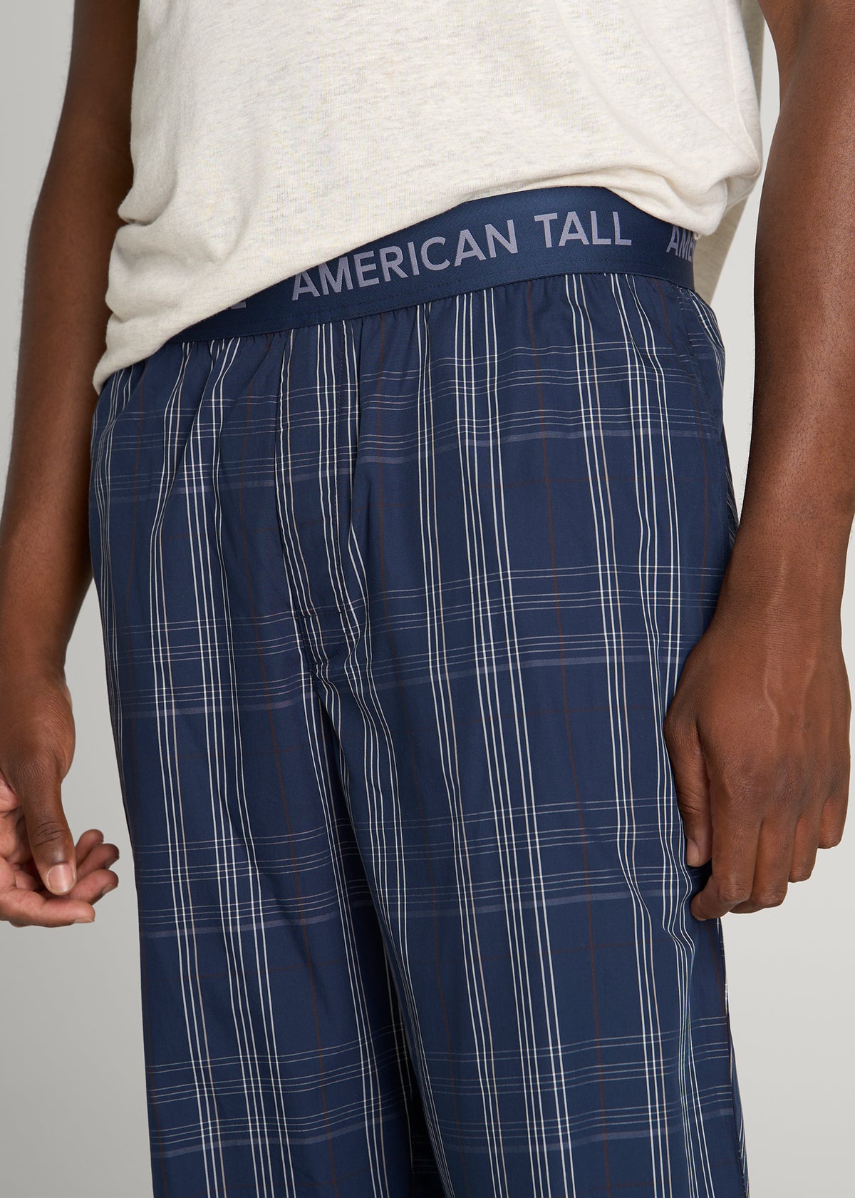 Cotton Poplin Pajama Pants for Tall Men in Navy and Blue Plaid