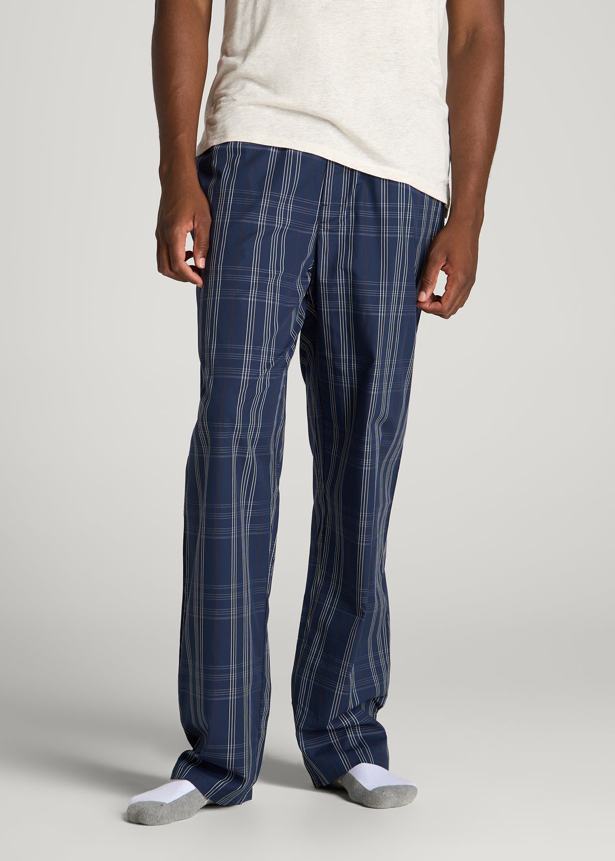 Cotton Poplin Pajama Pants for Tall Men in Navy and Blue Plaid