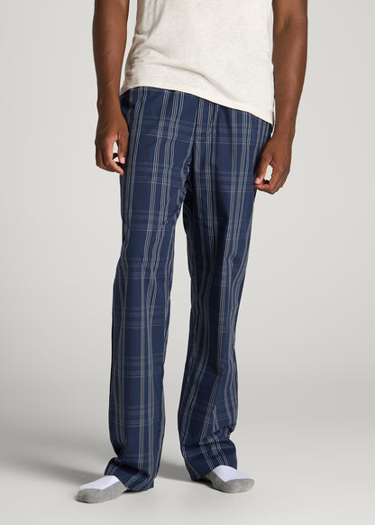 Cotton Poplin Pajama Pants for Tall Men in Navy and Blue Plaid
