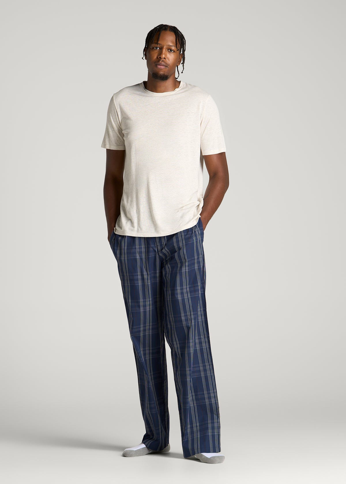 Cotton Poplin Pajama Pants for Tall Men in Navy and Blue Plaid