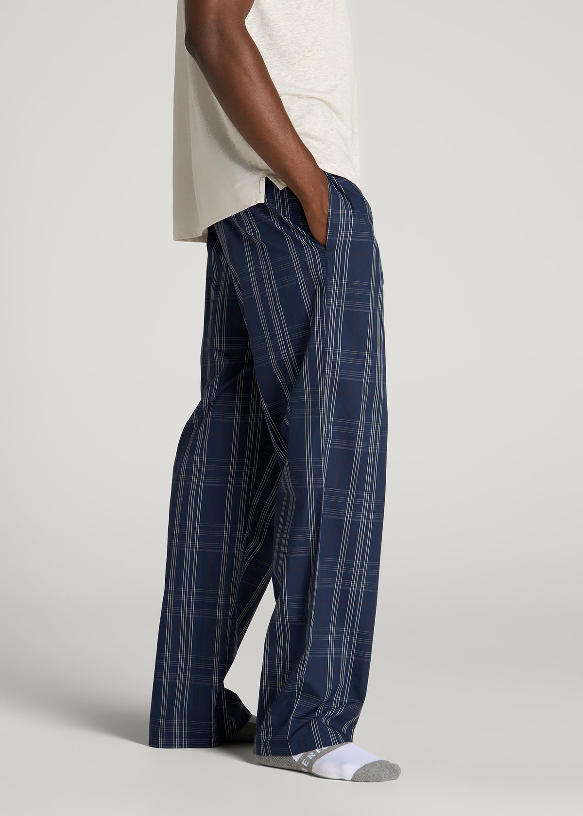 Cotton Poplin Pajama Pants for Tall Men in Navy and Blue Plaid