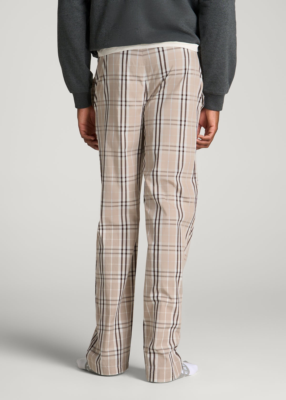 Cotton Poplin Pajama Pants for Tall Men in Taupe Plaid